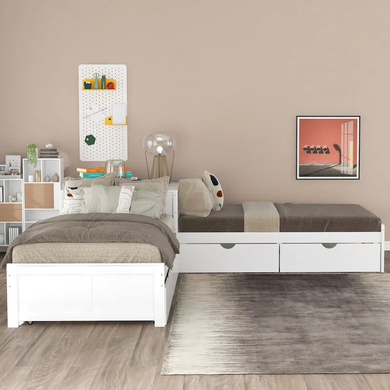 Lit plateforme double en L expresso/gris/blanc avec lit gigogne, tiroirs et table intégrée, 3 couchages
