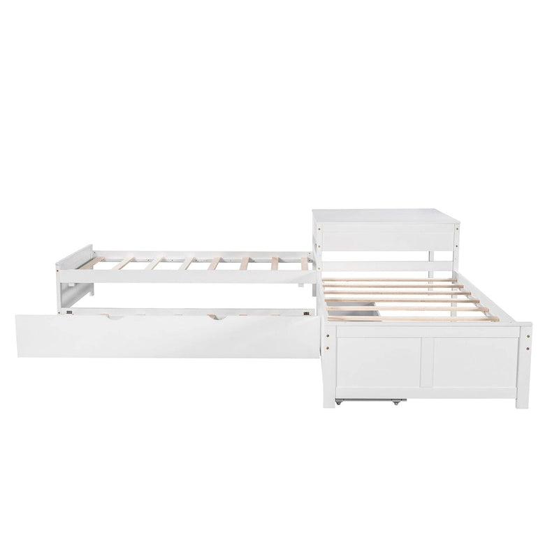 Lit plateforme double en L expresso/gris/blanc avec lit gigogne, tiroirs et table intégrée, 3 couchages