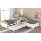 Lit plateforme double en L expresso/gris/blanc avec lit gigogne, tiroirs et table intégrée, 3 couchages