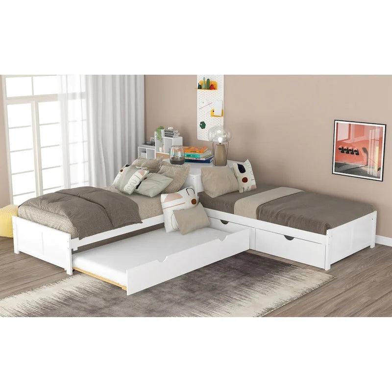 Lit plateforme double en L expresso/gris/blanc avec lit gigogne, tiroirs et table intégrée, 3 couchages
