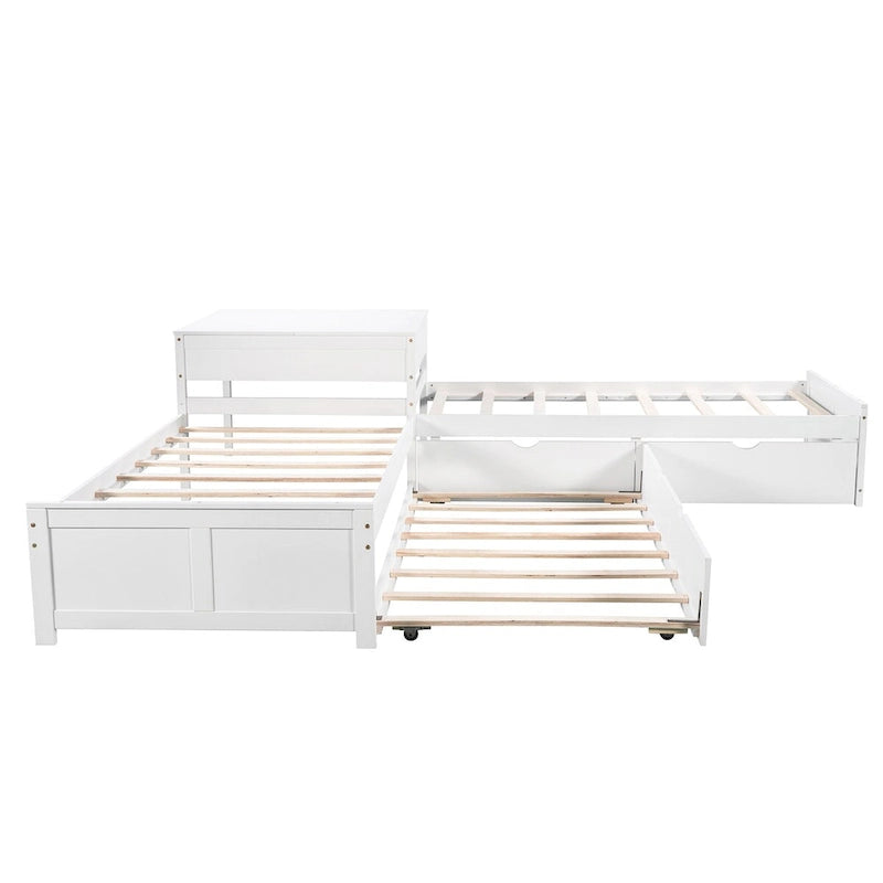 Lit plateforme double en L expresso/gris/blanc avec lit gigogne, tiroirs et table intégrée, 3 couchages