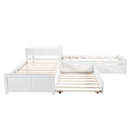 Lit plateforme double en L expresso/gris/blanc avec lit gigogne, tiroirs et table intégrée, 3 couchages