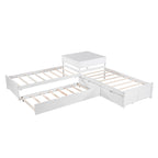 Lit plateforme double en L expresso/gris/blanc avec lit gigogne, tiroirs et table intégrée, 3 couchages