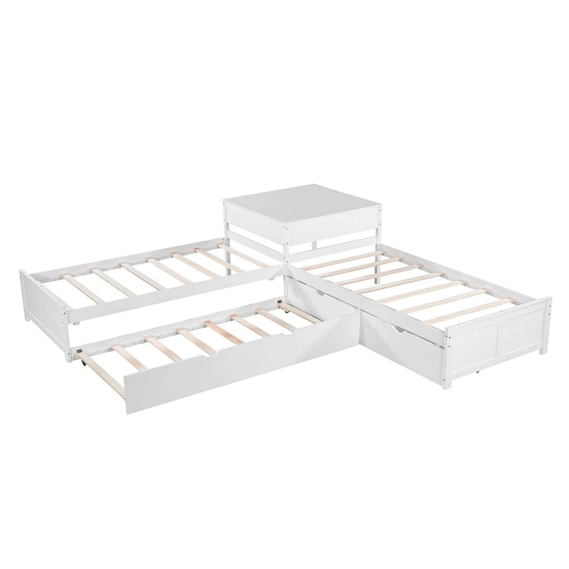 Lit plateforme double en L expresso/gris/blanc avec lit gigogne, tiroirs et table intégrée, 3 couchages
