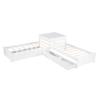 Lit plateforme double en L expresso/gris/blanc avec lit gigogne, tiroirs et table intégrée, 3 couchages