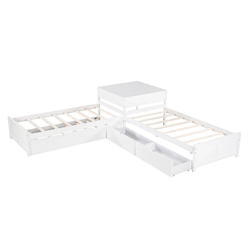 Lit plateforme double en L expresso/gris/blanc avec lit gigogne, tiroirs et table intégrée, 3 couchages