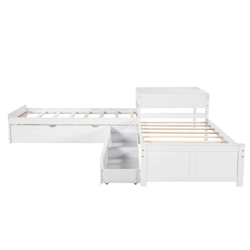Lit plateforme double en L expresso/gris/blanc avec lit gigogne, tiroirs et table intégrée, 3 couchages