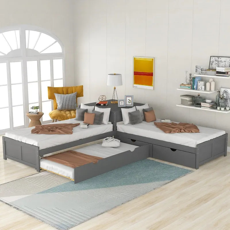 Lit plateforme double en L expresso/gris/blanc avec lit gigogne, tiroirs et table intégrée, 3 couchages