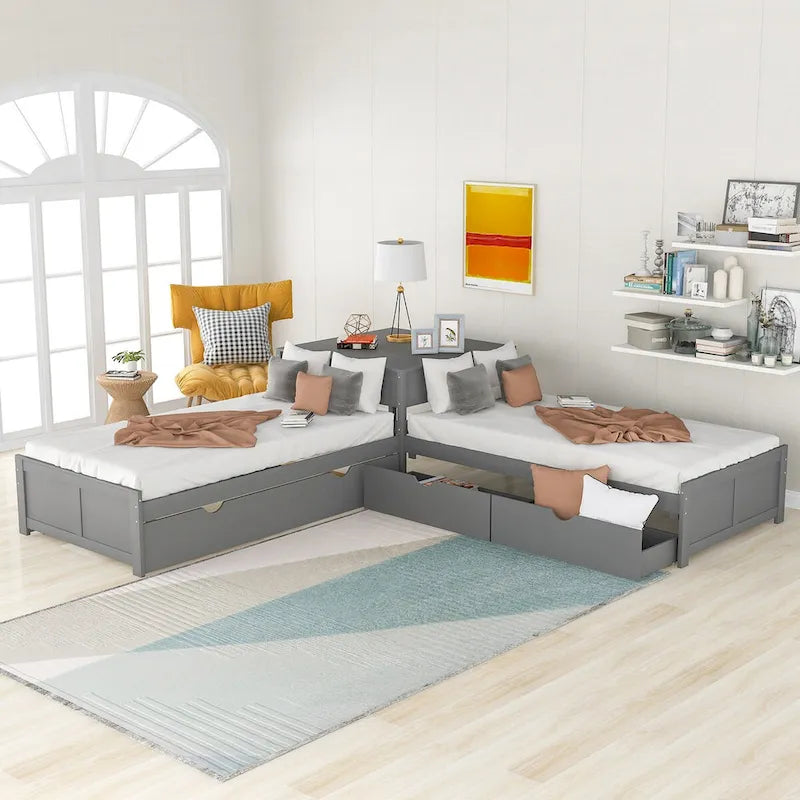 Lit plateforme double en L expresso/gris/blanc avec lit gigogne, tiroirs et table intégrée, 3 couchages