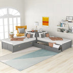 Lit plateforme double en L expresso/gris/blanc avec lit gigogne, tiroirs et table intégrée, 3 couchages