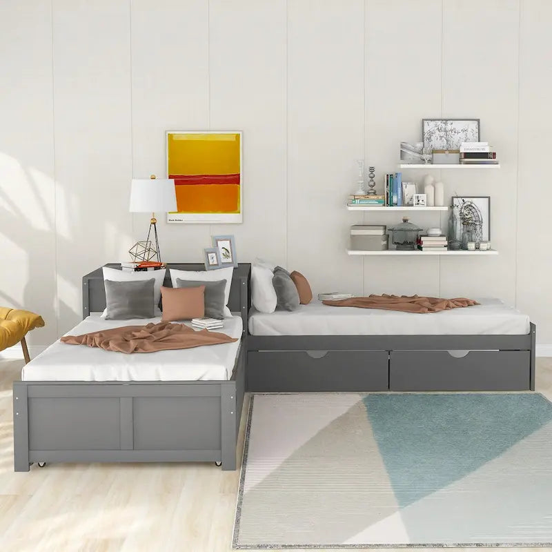 Lit plateforme double en L expresso/gris/blanc avec lit gigogne, tiroirs et table intégrée, 3 couchages