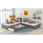 Lit plateforme double en L expresso/gris/blanc avec lit gigogne, tiroirs et table intégrée, 3 couchages