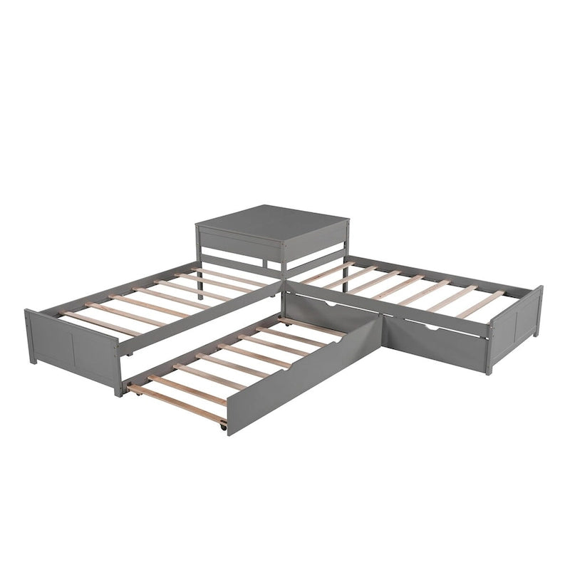 Lit plateforme double en L expresso/gris/blanc avec lit gigogne, tiroirs et table intégrée, 3 couchages
