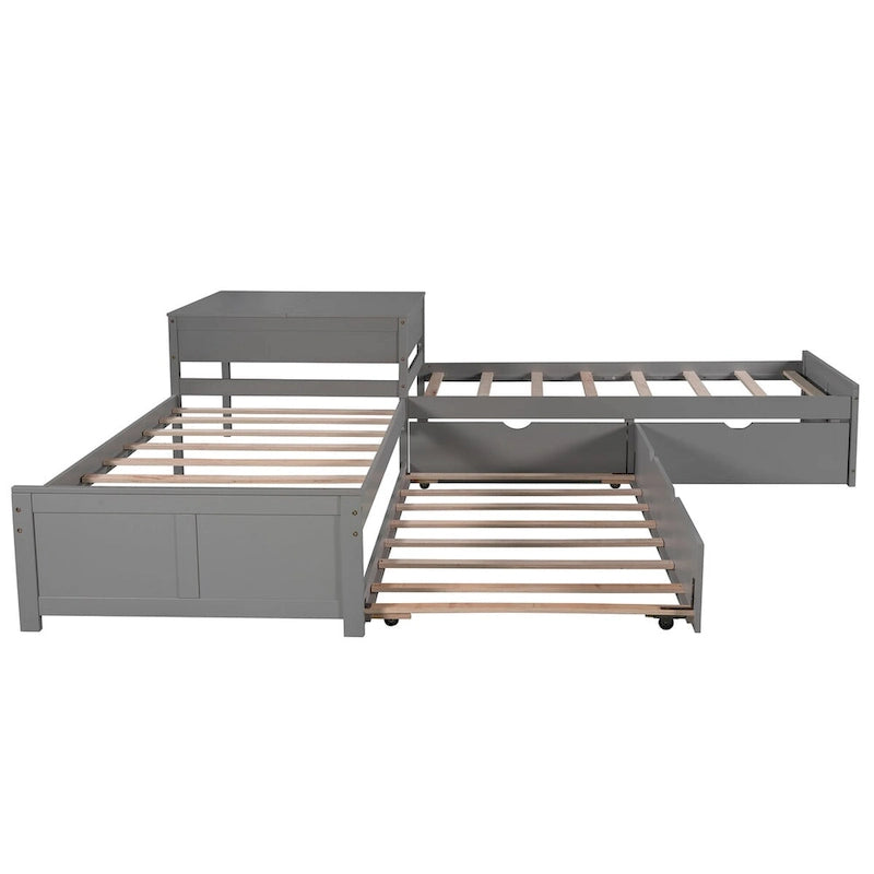 Lit plateforme double en L expresso/gris/blanc avec lit gigogne, tiroirs et table intégrée, 3 couchages
