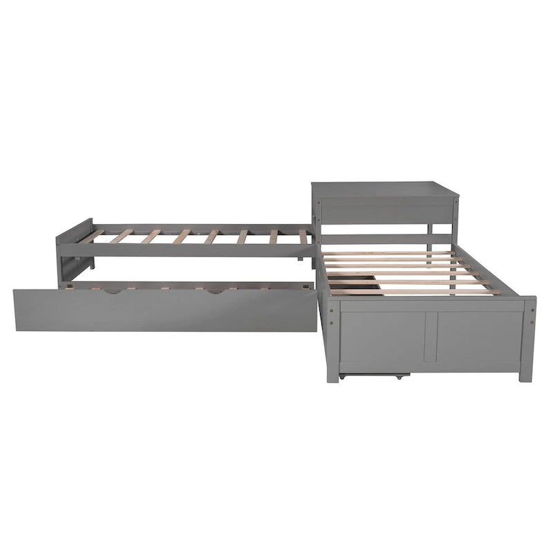 Lit plateforme double en L expresso/gris/blanc avec lit gigogne, tiroirs et table intégrée, 3 couchages