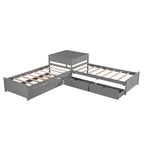 Lit plateforme double en L expresso/gris/blanc avec lit gigogne, tiroirs et table intégrée, 3 couchages