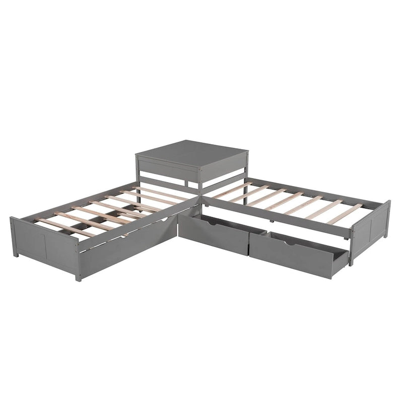 Lit plateforme double en L expresso/gris/blanc avec lit gigogne, tiroirs et table intégrée, 3 couchages