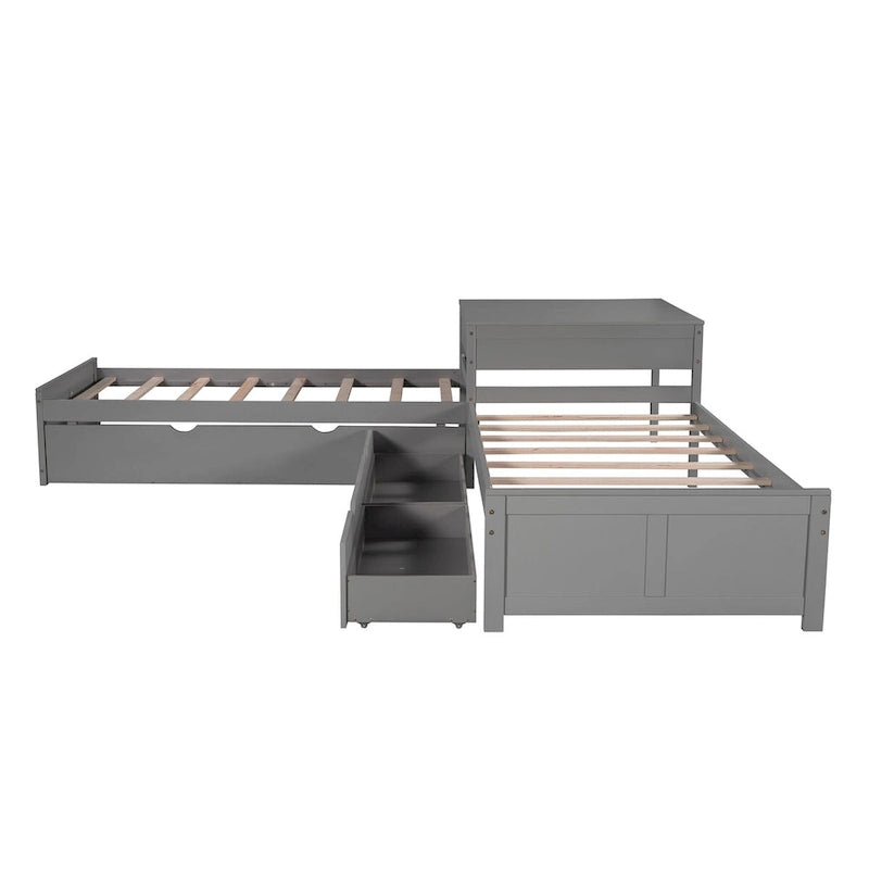 Lit plateforme double en L expresso/gris/blanc avec lit gigogne, tiroirs et table intégrée, 3 couchages