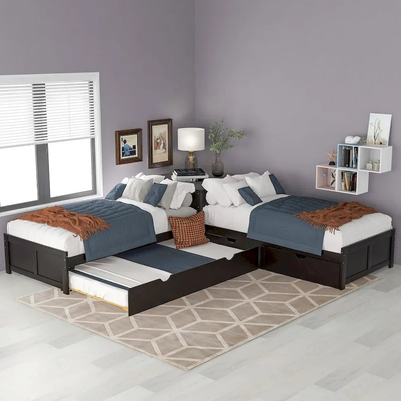 Lit plateforme double en L expresso/gris/blanc avec lit gigogne, tiroirs et table intégrée, 3 couchages