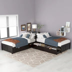 Lit plateforme double en L expresso/gris/blanc avec lit gigogne, tiroirs et table intégrée, 3 couchages