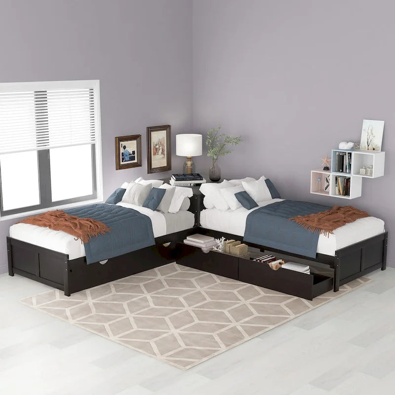 Lit plateforme double en L expresso/gris/blanc avec lit gigogne, tiroirs et table intégrée, 3 couchages