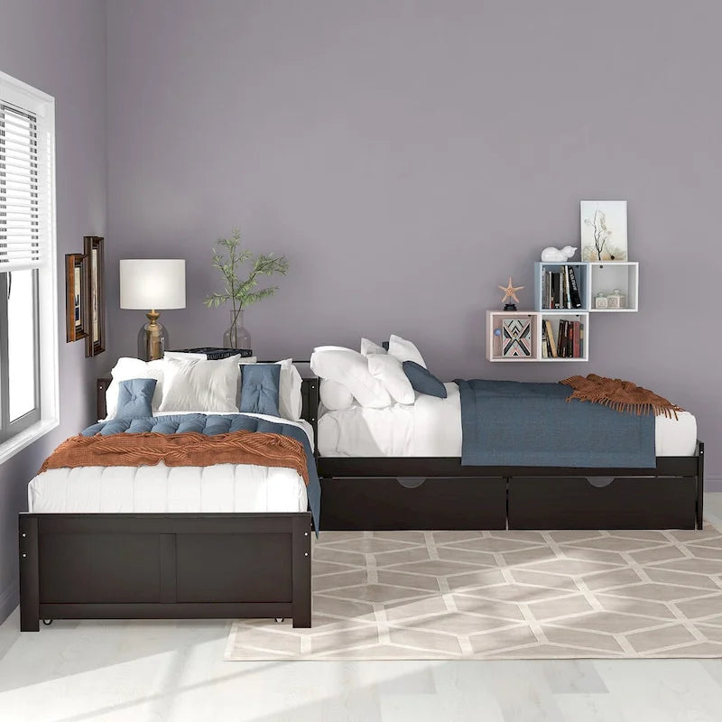 Lit plateforme double en L expresso/gris/blanc avec lit gigogne, tiroirs et table intégrée, 3 couchages
