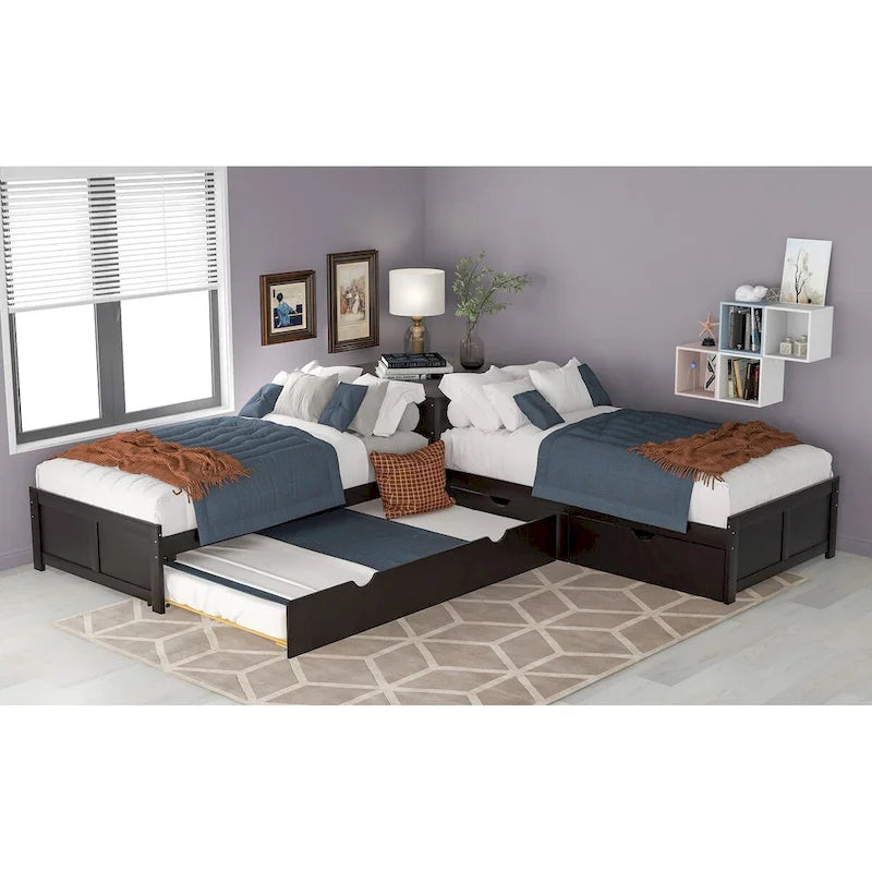 Lit plateforme double en L expresso/gris/blanc avec lit gigogne, tiroirs et table intégrée, 3 couchages