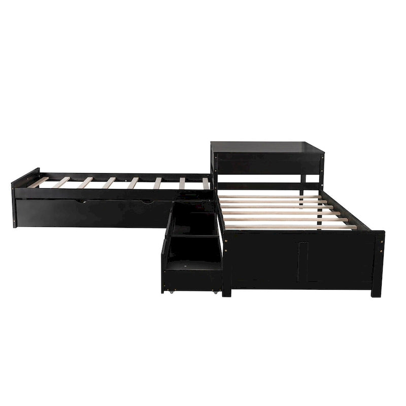 Lit plateforme double en L expresso/gris/blanc avec lit gigogne, tiroirs et table intégrée, 3 couchages
