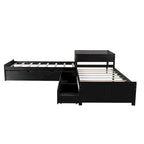 Lit plateforme double en L expresso/gris/blanc avec lit gigogne, tiroirs et table intégrée, 3 couchages