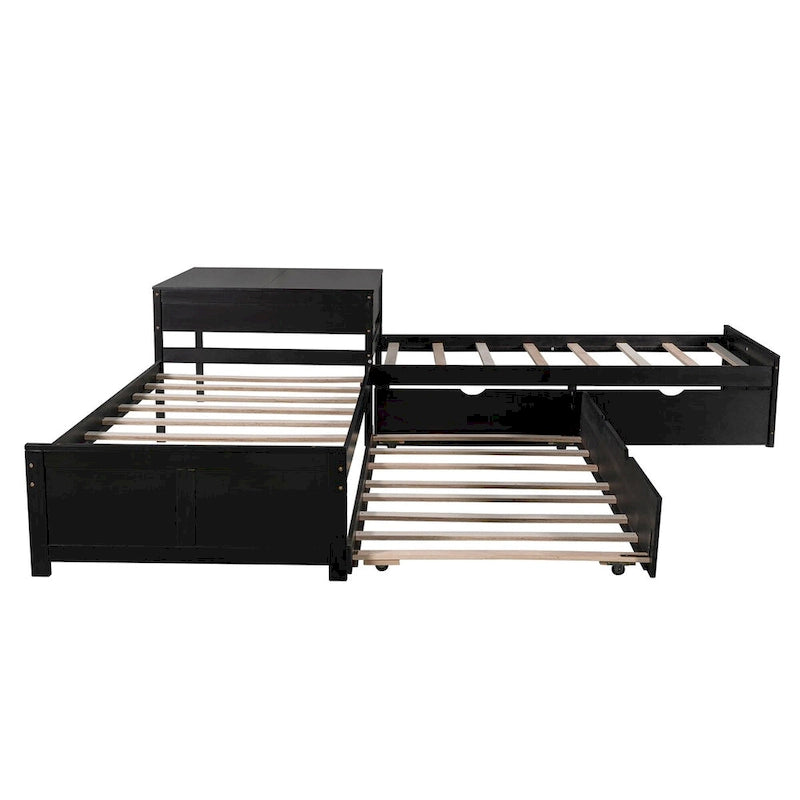 Lit plateforme double en L expresso/gris/blanc avec lit gigogne, tiroirs et table intégrée, 3 couchages