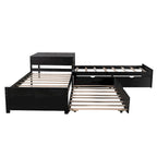 Lit plateforme double en L expresso/gris/blanc avec lit gigogne, tiroirs et table intégrée, 3 couchages