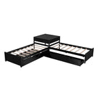 Lit plateforme double en L expresso/gris/blanc avec lit gigogne, tiroirs et table intégrée, 3 couchages
