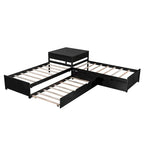 Lit plateforme double en L expresso/gris/blanc avec lit gigogne, tiroirs et table intégrée, 3 couchages