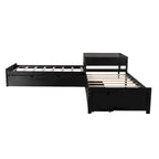 Lit plateforme double en L expresso/gris/blanc avec lit gigogne, tiroirs et table intégrée, 3 couchages