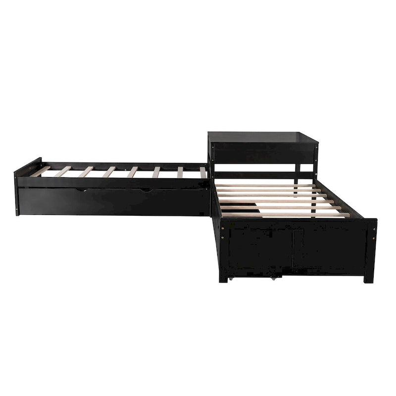 Lit plateforme double en L expresso/gris/blanc avec lit gigogne, tiroirs et table intégrée, 3 couchages