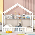 Lit cabane double blanc/gris avec toit, barrière et étagère de rangement – 1 enfant