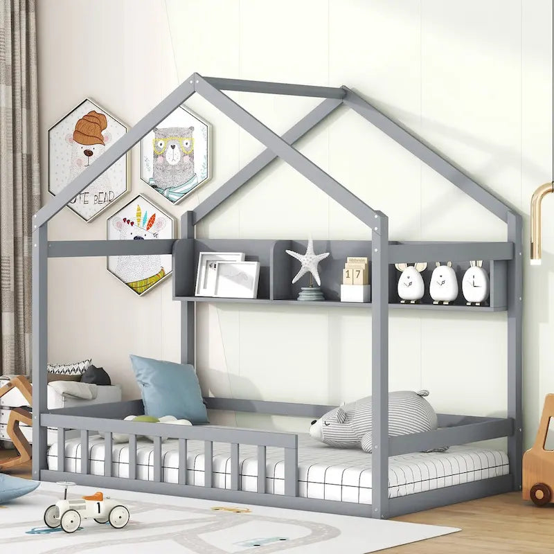 House Bed with Storage Shelf Kids Bed with Fence and Roof