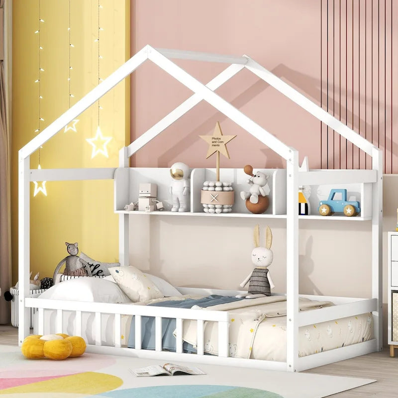 Lit cabane double blanc/gris avec toit, barrière et étagère de rangement – 1 enfant