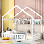 Lit cabane double blanc/gris avec toit, barrière et étagère de rangement – 1 enfant