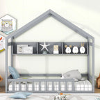 Lit cabane double blanc/gris avec toit, barrière et étagère de rangement – 1 enfant