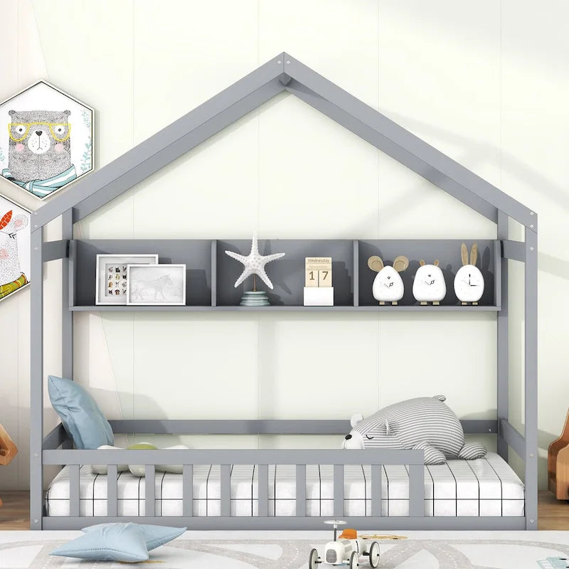 Lit cabane double blanc/gris avec toit, barrière et étagère de rangement – 1 enfant