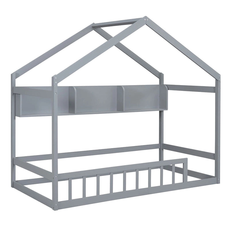 Lit cabane double blanc/gris avec toit, barrière et étagère de rangement – 1 enfant