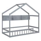 Lit cabane double blanc/gris avec toit, barrière et étagère de rangement – 1 enfant