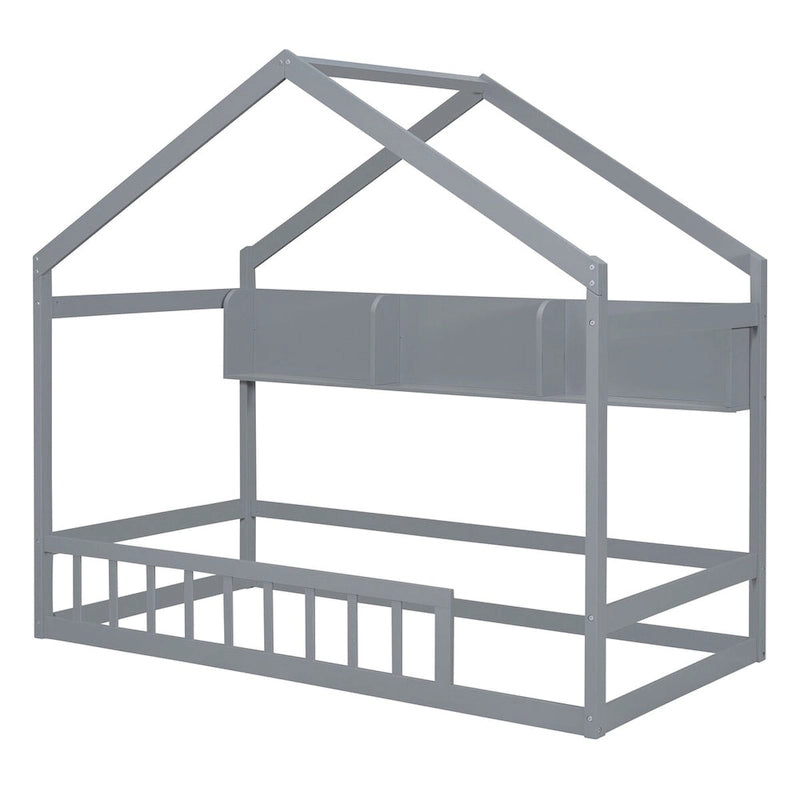 Lit cabane double blanc/gris avec toit, barrière et étagère de rangement – 1 enfant