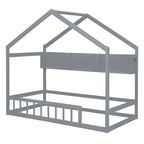 Lit cabane double blanc/gris avec toit, barrière et étagère de rangement – 1 enfant