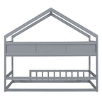 Lit cabane double blanc/gris avec toit, barrière et étagère de rangement – 1 enfant