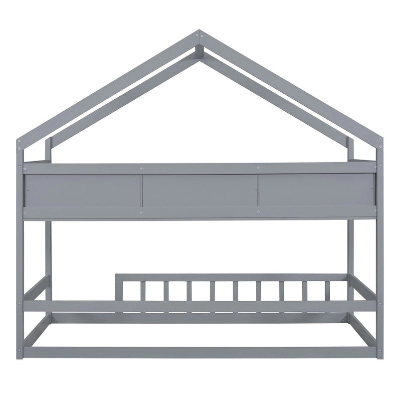 Lit cabane double blanc/gris avec toit, barrière et étagère de rangement – 1 enfant