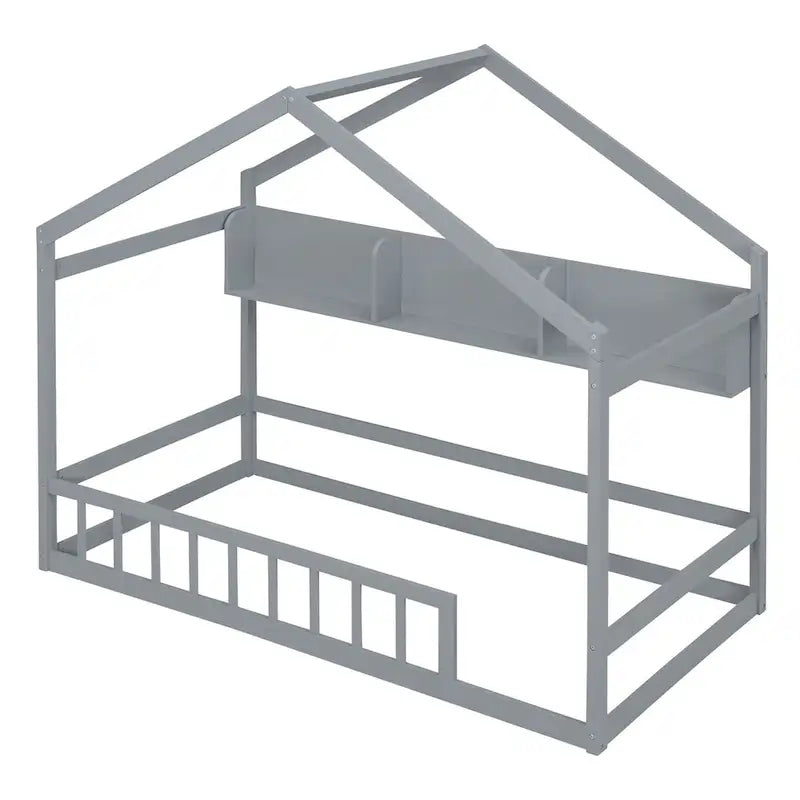 Lit cabane double blanc/gris avec toit, barrière et étagère de rangement – 1 enfant