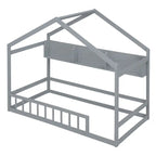 Lit cabane double blanc/gris avec toit, barrière et étagère de rangement – 1 enfant