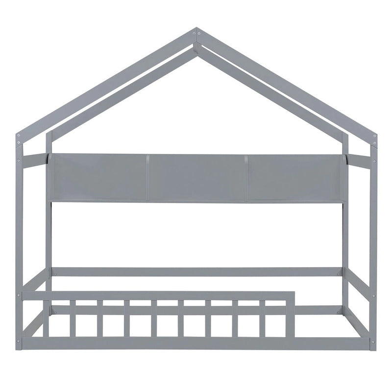 Lit cabane double blanc/gris avec toit, barrière et étagère de rangement – 1 enfant